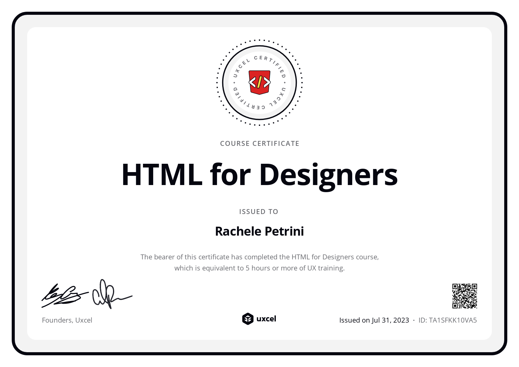 Rachele Petrini's certificate